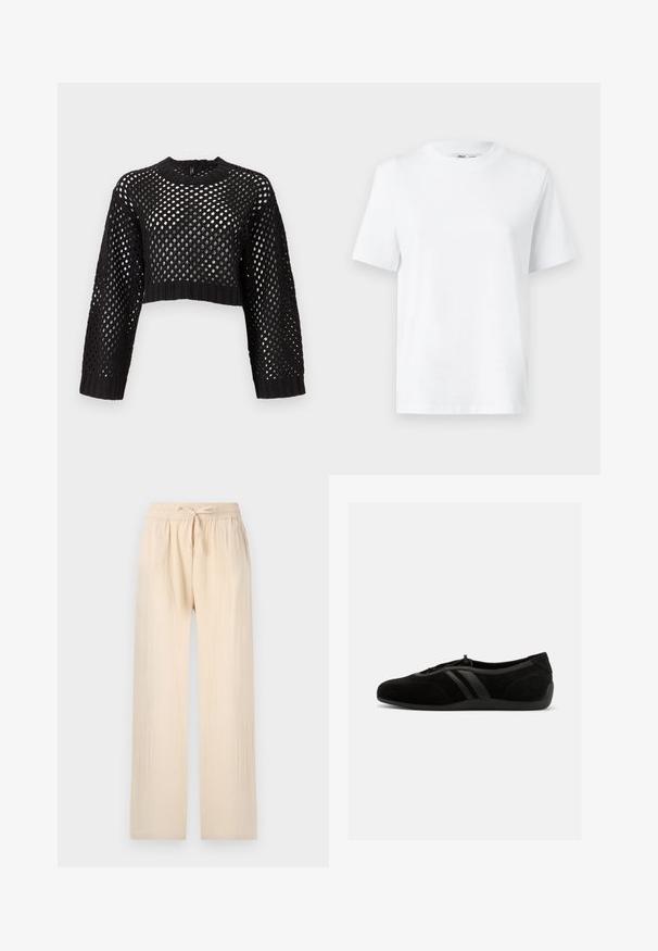 Pull noir court avec un design en maille ouverte, manches longues, poignets et ourlet côtelés, présentant un col rond et une surface texturée.; T-shirt en coton blanc à col rond, avec des manches courtes et une texture lisse. Conçu avec une coupe décontractée pour plus de confort et de polyvalence.; Pantalons larges beige clair en tissu doux et léger. Taille élastique avec cordon de serrage. Surface texturée et coupe ample.; Chaussure à enfiler en daim noir avec bout arrondi, fermeture à cordon élastique, deux bandes latérales en cuir et semelle en caoutchouc plate.