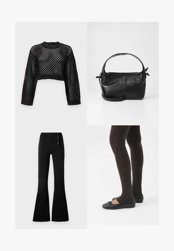 Pull noir court avec un design en maille ouverte, manches longues, poignets et ourlet côtelés, présentant un col rond et une surface texturée.; Pantalons évasés noirs en denim avec une taille haute, ornés de quatre boutons décoratifs à l'avant et d'une texture lisse.; Jambes portant des leggings côtelés foncés associés à des ballerines noires avec de petits détails en nœud sur fond blanc.; Sac à main en cuir noir au design structuré, avec une poignée arrondie et une bandoulière amovible. Présente une texture lisse et un éclat subtil.