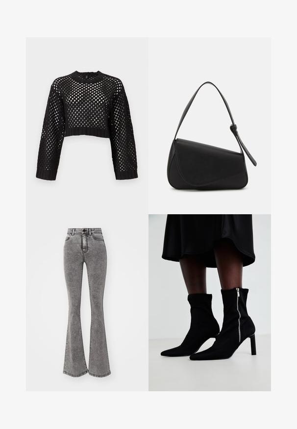 Sort cropped sweater med åben mesh-design, lange ærmer, ribbede manchetter og kant, med rund halsudskæring og struktureret overflade.; Højtaljede flared jeans i en falmet grå denim med slidte detaljer, med knaplukning og fem-lomme design.; Sorte ankelstøvler med en strækbart stofoverdel, spids tå og en sidelukning med lynlås, sat på en slank, høj hæl.; Sort læderhåndtaske med en triangular form, skrå klap og et rundt håndtag. Har en glat overflade og minimalistiske design detaljer.