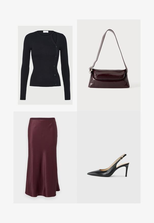 Haut noir à manches longues à côtes avec un décolleté américain, présentant un design asymétrique unique et une série de boutons assortis sur un côté.; Jupe midi en satin bordeaux foncé avec une légère évasement et une fente latérale subtile, dotée d'une ceinture lisse.; Escarpins en cuir noir avec une pointe fine, une bride ajustable et un talon aiguille élégant, présentant une finition lisse.; Sac à bandoulière en cuir bordeaux foncé avec fermeture à rabat et une fine sangle réglable, présenté sur un fond clair uni.