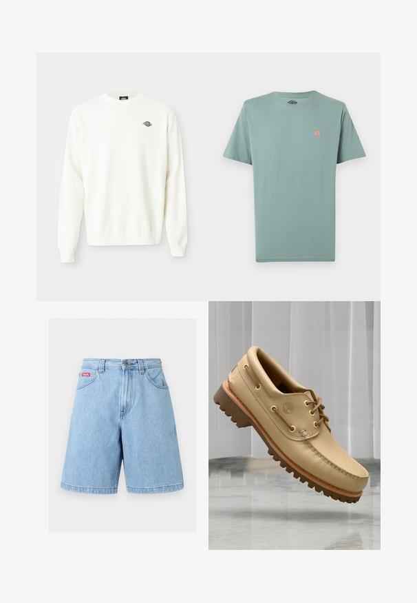 Hvid langærmet striktrøje med rund hals og lille sort Dickies-logo på den øverste venstre bryst.; Enkelt, afdæmpet grøn T-shirt med korte ærmer og rund hals, med lille flerfarvet Dickies-logo på venstre bryst.; Lyseblå denimshorts med forreste knap- og lynlåslukning, bæltestropper og forlommer, vist på en ensfarvet baggrund.; Lysbrune læderbådsko med tyk, rillet sål og snøre detaljer, svævende over et marmor gulv med baggrund af hvide lodrette persienner.
