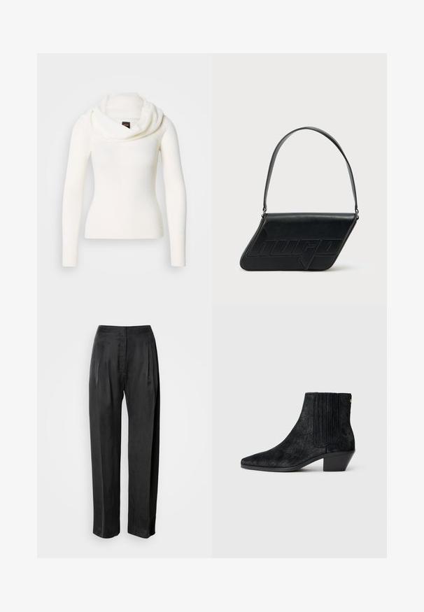 Pull blanc à manches longues avec un col bénitier. Confectionné dans un tissu doux et texturé. Présente une silhouette ajustée pour un look élégant.; Pantalon noir à jambes larges en tissu lisse, avec plis sur le devant, braguette zippée et ceinture classique.; Bottine noire à bout pointu, en matériau texturé imitant les cheveux, avec un panneau latéral à nervures et un petit talon carré. Un design simple et moderne.; Sac d'épaule en cuir noir de forme triangulaire, avec un logo embossé et une seule bandoulière réglable. Design minimaliste avec une texture lisse.