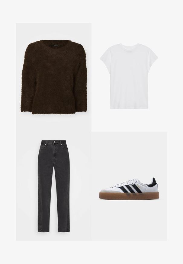 Brun, fluffy sweater med v-hals, lange ærmer og en tekstureret overflade. Kantene er lige og let oversized. Ingen synligt hardware.; Hvid kortærmet t-shirt med rund hals, afslappet pasform, lavet af blødt bomuldsstof. Glat tekstur, ingen mønstre eller logoer.; Sorte denim jeans med lige ben, høj talje, foran knap og lynlås, samt fem-lomme stil på en hvid baggrund.; Hvide lædersneakers med sorte striber, gummirubber sål, rund tå, snørelukning og blød grå ruskinds tåhætte.