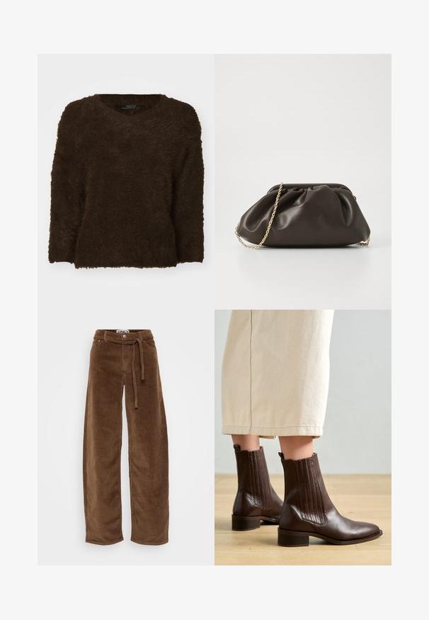 Brun, fluffy sweater med v-hals, lange ærmer og en tekstureret overflade. Kantene er lige og let oversized. Ingen synligt hardware.; Brune corduroy bredbenede bukser med snoretræk i taljen, der har forlommer og et struktureret ribbet mønster.; Pavement SHANI - Støvletter - brown; Brun læderhandtaske med en sammensnøring, guld kædestrop og blød, struktureret overflade. Kompakt form velegnet til aftensbrug.