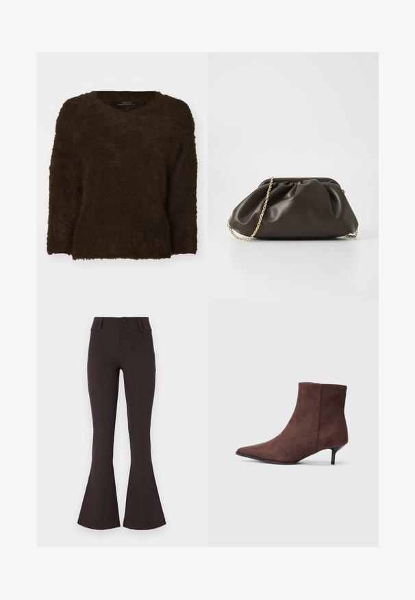 Brun, fluffy sweater med v-hals, lange ærmer og en tekstureret overflade. Kantene er lige og let oversized. Ingen synligt hardware.; Brune flared bukser lavet af strækbart stof. Har høj talje med to knapper og en glat overflade. Ingen mønstre eller udsmykninger.; Brune ankelstøvler i ruskind med spids tå og en slank, sort hæl. Har en glat tekstur og et enkelt design.; Brun læderhandtaske med en sammensnøring, guld kædestrop og blød, struktureret overflade. Kompakt form velegnet til aftensbrug.