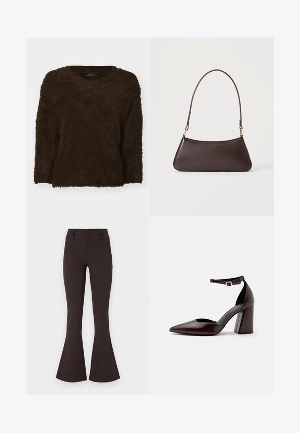 Brun, fluffy sweater med v-hals, lange ærmer og en tekstureret overflade. Kantene er lige og let oversized. Ingen synligt hardware.; Brune flared bukser lavet af strækbart stof. Har høj talje med to knapper og en glat overflade. Ingen mønstre eller udsmykninger.; Mørkebrunt læder pumps med spids tå, høj hæl, ankelrem og sølvspænde på hvid baggrund.; Mørkebrun læderhåndtaske med en buet toplynlås og en tynd skulderrem med guldfarvede låse på en ensfarvet baggrund.