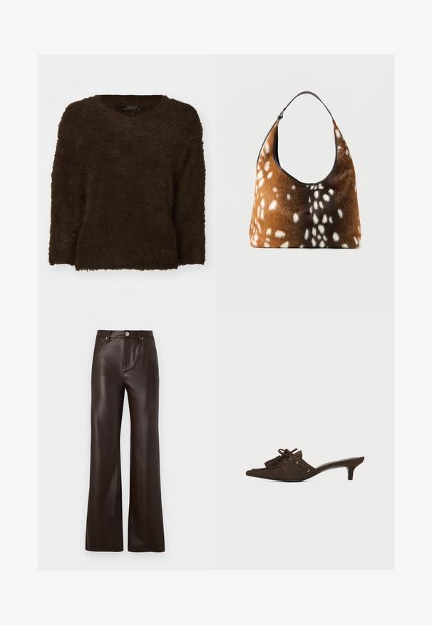 Brun, fluffy sweater med v-hals, lange ærmer og en tekstureret overflade. Kantene er lige og let oversized. Ingen synligt hardware.; Vero Moda Wide-leg VMTESSA High rise - Bukser - chocolate torte; Brun ruskind mule-sko med spids tå, lav kittenhæl, snøring med sløjfe og kvastdetaljer på hvid baggrund.; Brun og sort håndtaske med hvid pletskindtekstur og en enkelt sort skulderrem på en ensfarvet baggrund.