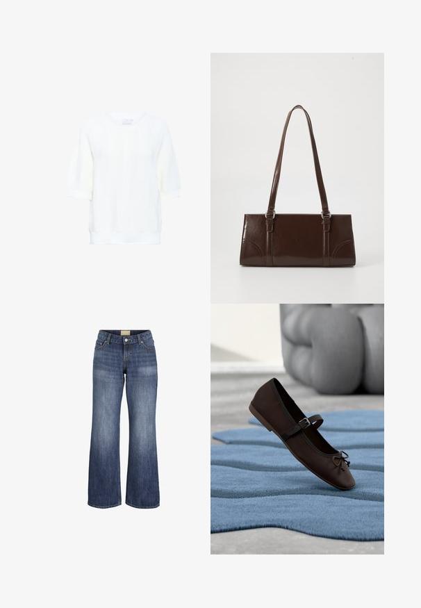 Kaffe KAWHITNEY - T-shirt basique - chalk; Jean en denim bleu à jambes larges avec poches avant, passants de ceinture, fermeture à bouton et détails de lavage délavé.; Chaussure plate Mary Jane marron foncé avec boucle et détail nœud reposant sur un tapis texturé bleu ondulé, et un canapé gris rembourré en arrière-plan.; Sac à main en cuir verni marron de forme rectangulaire, avec deux longues poignées et des accents courbés subtils à l'avant.