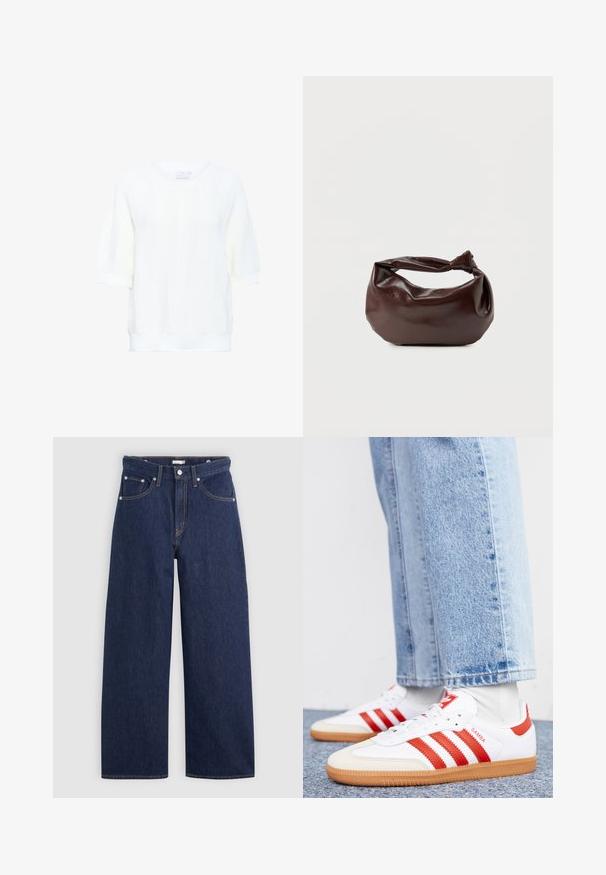 Kaffe KAWHITNEY - T-shirt basique - chalk; Jeans en denim bleu foncé à jambes larges avec une taille haute, dotés de cinq poches, passants de ceinture et détails de couture en cuivre. Texture lisse.; Baskets en cuir blanc avec des rayures et des accents rouges. Dotées d'une semelle extérieure en gomme texturée et d'un col rembourré. Portées avec un jean en denim bleu clair.; Sac bandoulière en cuir marron foncé avec une forme souple et décontractée et une anse nouée torsadée sur un fond blanc uni.