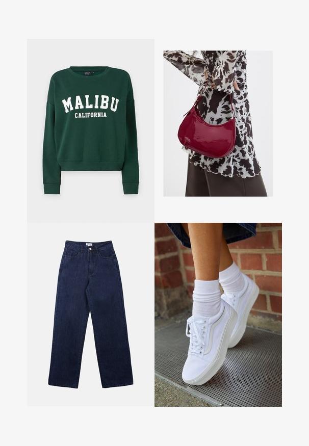 ONLY ONLSWEAT - Sweatshirt - pine grove; Pantalons en denim bleu foncé avec une coupe droite, dotés d'une fermeture à bouton à l'avant, de passants de ceinture et de deux poches avant.; Baskets en toile blanches avec semelles en caoutchouc, dotées de six œillets, d'un bout rond et de détails de couture légers, portées avec des chaussettes blanches mi-mollet.; Femme portant un chemisier à motif noir et blanc tenant un sac à main rouge brillant sur un fond uni.