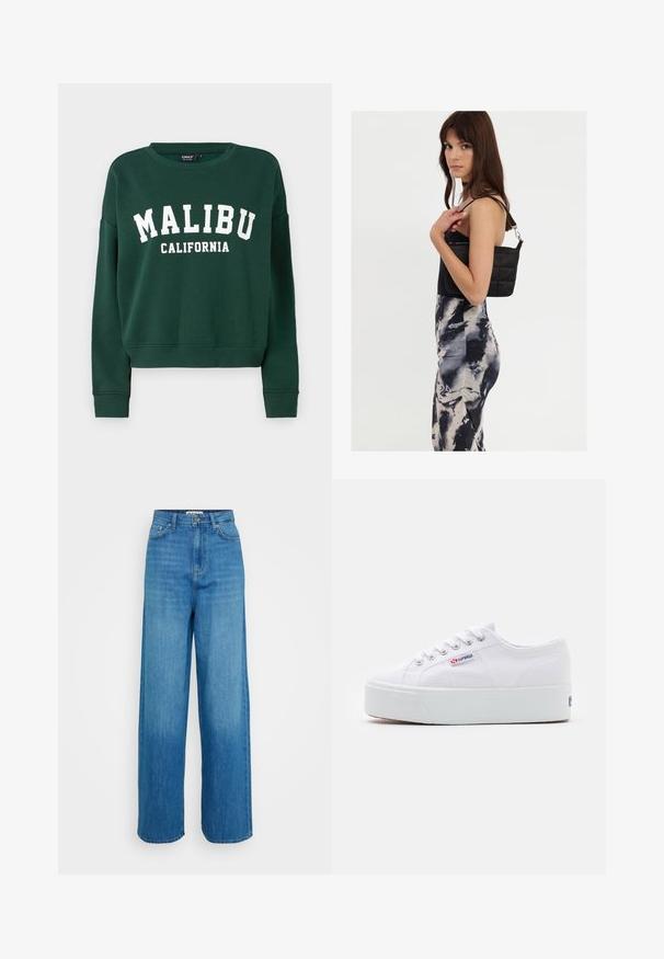 ONLY ONLSWEAT - Sweatshirt - pine grove; Jean bleu taille haute à jambes larges avec fermeture à bouton et à zip à l'avant, poches avant et arrière, et ourlets cousus sur un fond blanc.; Baskets en toile blanches avec une épaisse semelle plateforme blanche, bout rond et œillets en métal pour les lacets. Logo de la marque affiché sur le côté.; Sac à épaule noir en matelassé avec une seule sangle et des accessoires en argent, associé à une robe ajustée à motif tie-dye dans des teintes de noir et de crème.