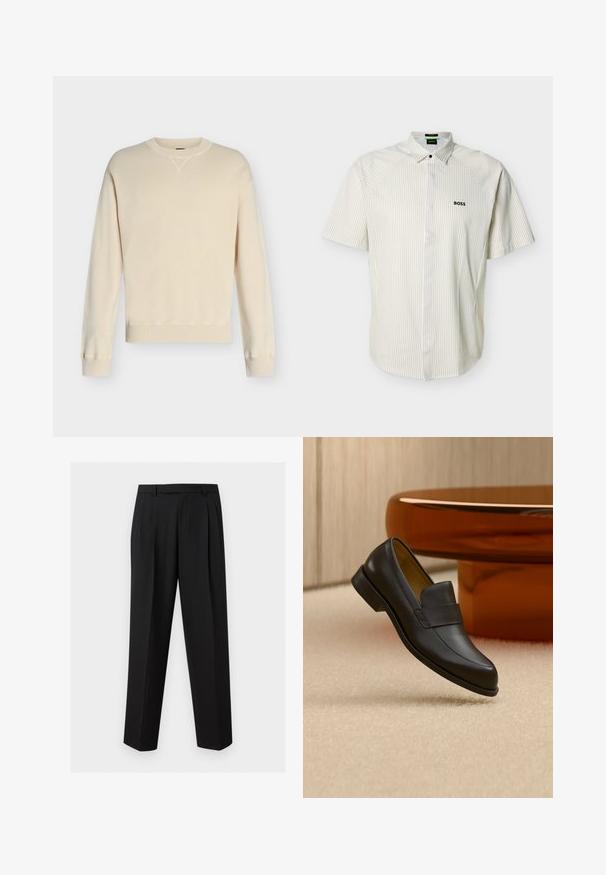 Pull crème à manches longues avec col rond, poignets et ourlet côtelés, présenté sur un fond uni gris clair.; Chemise à manches courtes avec col, rayures beiges, fermeture par boutons et logo "BOSS" brodé sur la poitrine gauche.; Pantalon noir sur mesure avec jambes droites, plis à la taille, passants de ceinture et poches latérales fendues, présenté sur un fond uni.; Mocassin en cuir noir à talon bas flottant au-dessus d'un sol moquetté beige près d'une table ronde marron.