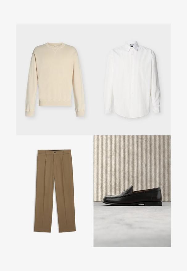Pull crème à manches longues avec col rond, poignets et ourlet côtelés, présenté sur un fond uni gris clair.; Chemise blanche à manches longues avec boutons, rayures verticales discrètes et col pointu, présentée à plat sur un fond clair.; Pantalon droit marron avec passants de ceinture, bouton sur le devant et fermeture éclair, présenté à plat sur fond blanc.; Mocassin penny en cuir noir avec talon bas, bout arrondi et détails cousus à l'avant et sur les côtés, présenté sur un fond neutre.