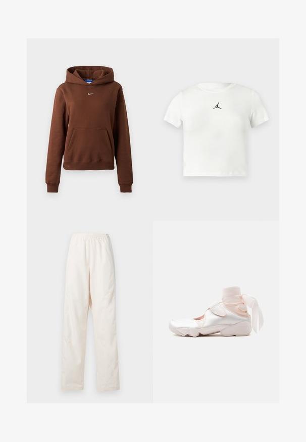 Brūna Nike kapuce ar kenguru kabatu, mazs balts Swoosh logo uz krūtīm, garām piedurknēm un kapuci pret vienkrāsainu fonu.; Balts kokvilnas īsais t-krekls ar melnu Jumpman logotipu centrā. Īsas piedurknes un apaļa kakla izgriezums ar tīkamu tekstūru.; Brīvi pieguļoši krēmkrāsas bikses ar elastīgu jostasvietu un taisnām kājām, attēlotas uz vienkrāsaina balta fona.; Balts un gaiši rozā kedas ar mīkstu auduma potītes ietīšanu, sasietu lentītē, ar regulējamu siksniņu un apaļu zolīti.