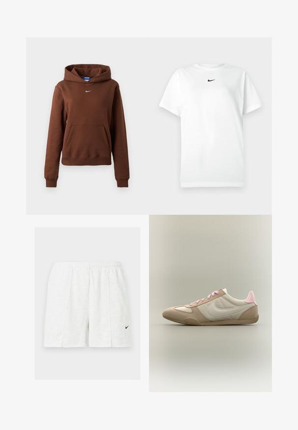 Brūna Nike kapuce ar kenguru kabatu, mazs balts Swoosh logo uz krūtīm, garām piedurknēm un kapuci pret vienkrāsainu fonu.; Balts īsām piedurknēm T-krekls ar apaļu izgriezumu, uz kura ir mazs melns Nike swoosh logotips centrā zem apkakles.; Balti sporta šorti ar elastīgu jostasvietu un melnu Nike swoosh zīmolu uz kreisās kājas, attēloti uz vienkrāsaina fona.; Zems profila bēša un balta sporta apavu pāris ar rozā šņorēm un papēža akcentu, ar Nike swoosh zīmi sānos pret vienkrāsainu fonu.