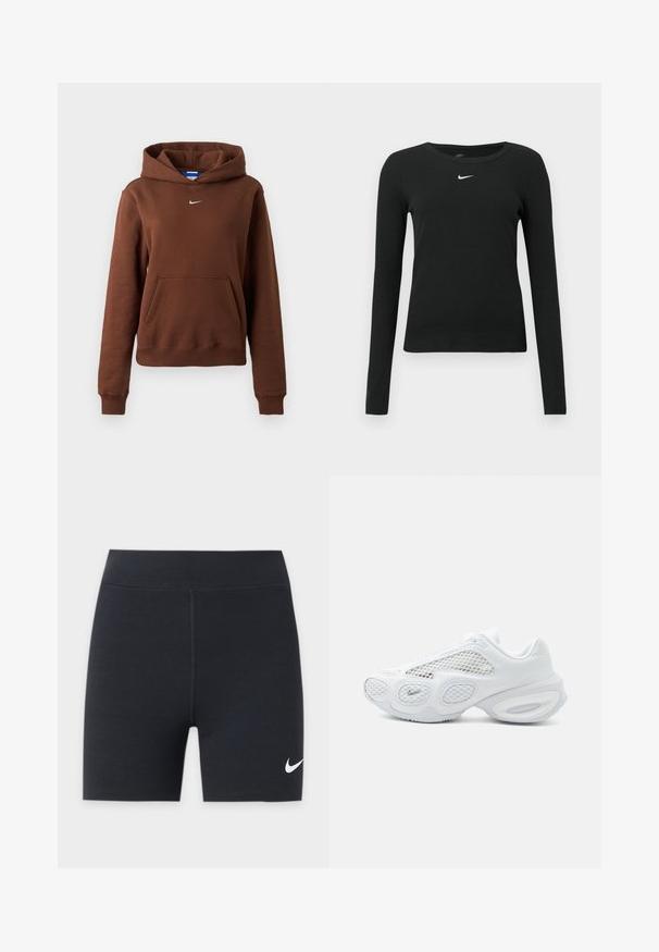 Καφέ φούτερ Nike με τσέπη καγκουρό, μικρό λευκό λογότυπο Swoosh στο στήθος, μακριά μανίκια και κουκούλα σε απλό φόντο.; Μαύρο εφαρμοστό τοπ με μακριά μανίκια από ριμπ ύφασμα, με στρογγυλή λαιμόκοψη και λεπτό λευκό λογότυπο Nike στο στήθος.; Μαύρα αθλητικά σορτς με λευκό λογότυπο Nike swoosh στο κάτω αριστερό πόδι, με ψηλή μέση και κεντρική μπροστινή ραφή.; Λευκό αθλητικό παπούτσι με διχτυωτά πάνελ, στρογγυλεμένο σχεδιασμό της σόλας και μικρό λογότυπο Nike κοντά στα δάχτυλα, σε απλό φωτεινό φόντο.