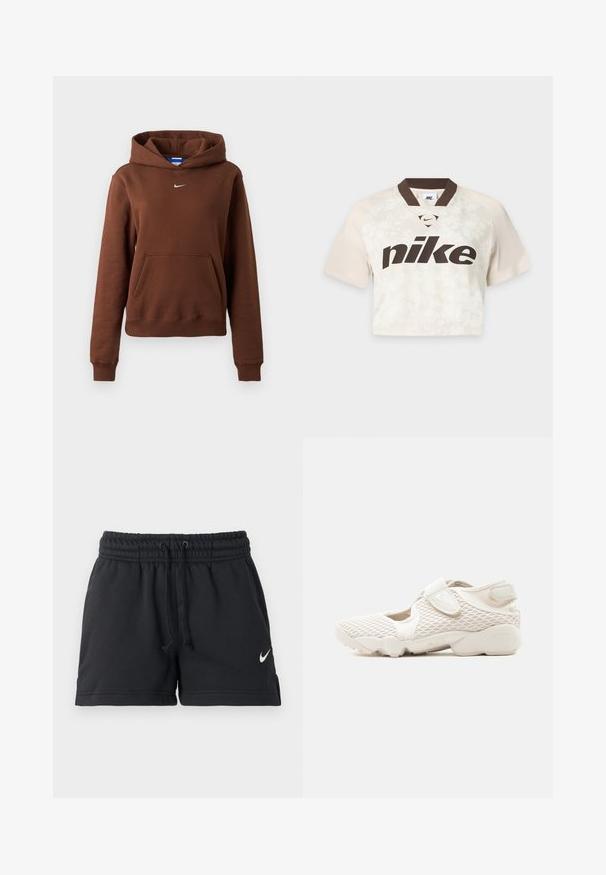 Καφέ φούτερ Nike με τσέπη καγκουρό, μικρό λευκό λογότυπο Swoosh στο στήθος, μακριά μανίκια και κουκούλα σε απλό φόντο.; Κοντομάνικη cropped αθλητική μπλούζα Nike σε μπεζ χρώμα με σκούρο καφέ γιακά και μεγάλο λογότυπο Nike στο μπροστινό μέρος.; Μαύρο αθλητικό σορτς Nike με ελαστική μέση, κορδόνι ρύθμισης, πλαϊνές τσέπες και λευκό λογότυπο Swoosh στο αριστερό πόδι.; Ανοιχτό μπεζ αθλητικό παπούτσι Nike με άνω μέρος από δίχτυ, λουράκια με βέλκρο, μαλακή σόλα και κομμένες πλευρές, σχεδιασμένο για άνεση και αναπνοή.