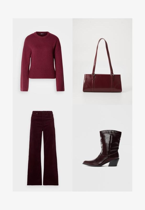 Burgunder strikket sweater med rund halsudskæring, lange ærmer og ribbet kant. Stoffet ser blødt og struktureret ud.; Bordeauxfarvede fløjlsbukser med vid ben og høj talje, som har lynlås, knaplukning og sidelommer. Glat tekstur med lodrette ribber.; Bordeaux læder ankelstøvler med spids tå, tekstureret overflade og en lav, taperet hæl. Har diskrete søm og en tætsiddende pasform.; Bordeaux håndtaske lavet af glansfuldt materiale, rektangulær form, med to skulderremme og subtile buede detaljer på forsiden.