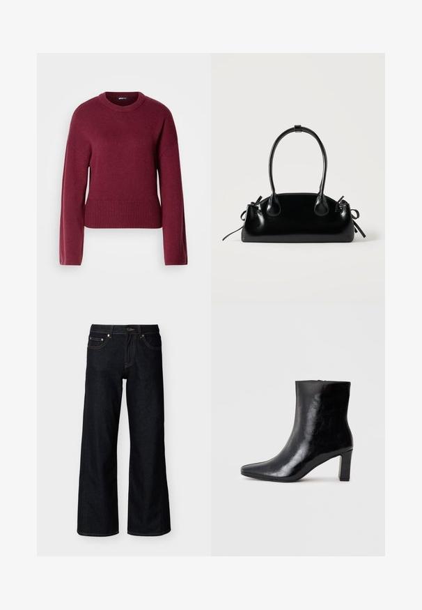 Pull en tricot bordeaux avec un col rond, des manches longues et un ourlet côtelé. Le tissu semble doux et texturé.; Jean denim bleu foncé à jambes larges avec bouton frontal, fermeture éclair et style cinq poches sur fond clair uni.; Bottine noire en cuir brillant, avec un bout pointu et un talon carré moyen, présentant une texture lisse et un design simple.; Petit sac à main noir brillant avec deux longues anses et des détails à cordon sur les côtés sur un fond clair uni.