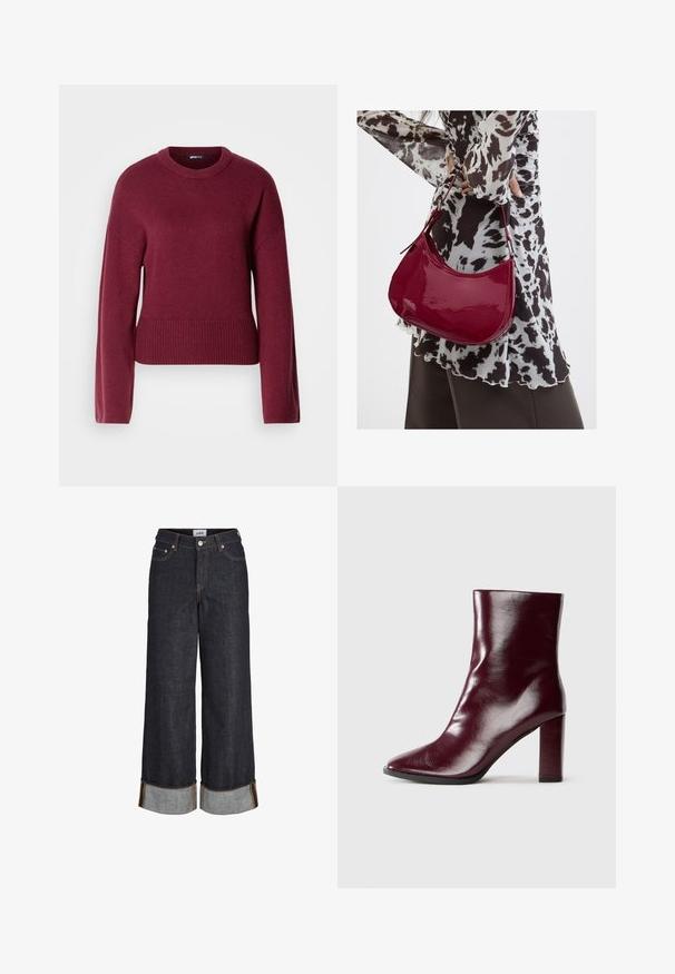 Burgunder strikket sweater med rund halsudskæring, lange ærmer og ribbet kant. Stoffet ser blødt og struktureret ud.; Mørkeblå jeans med brede ben og opbuk ved kanterne, fem lommer og kontrastfuld gul syning.; Skinnende mørk bordeaux læderstøvle til midt på læggen med spids tå og blokeret høj hæl på neutral baggrund.; Kvinde iført en sort- og hvidmønstret bluse, der holder en blank rød skuldertaske mod en ensfarvet baggrund.