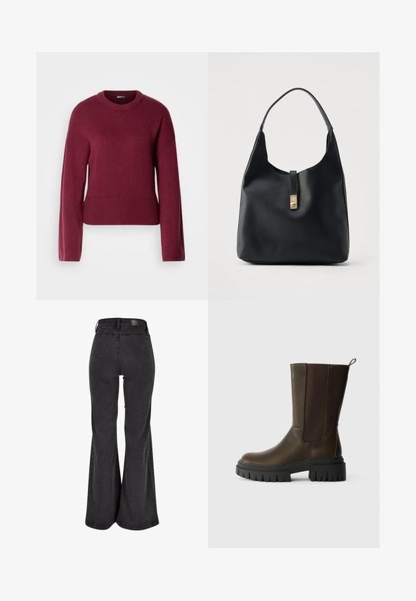 Suéter de punto burdeos con cuello redondo, mangas largas y dobladillo acanalado. La tela parece suave y texturada.; Vaqueros de campana negros con una textura suave, cintura alta y una etiqueta de marca en la parte trasera. Presenta un diseño de pierna ancha y costuras reforzadas.; Botín de cuero marrón de tobillo con paneles laterales elásticos, suela de goma negra gruesa y un lazo para facilitar su uso. Textura suave y diseño moderno.; Bolso hobo de cuero negro con acabado texturizado, con un cierre color oro y una única asa curva para llevar al hombro.
