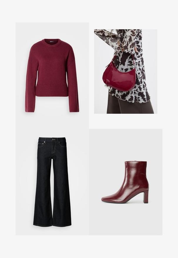 Suéter de punto burdeos con cuello redondo, mangas largas y dobladillo acanalado. La tela parece suave y texturada.; Pantalones vaqueros de pierna ancha y denim oscuro, con cintura alta, diseño de cinco bolsillos y costuras contrastantes en color amarillo a lo largo de las costuras.; Botín de cuero burdeos con punta afilada y tacón grueso. Textura lisa con una silueta elegante y líneas limpias.; Mujer con blusa de estampado en blanco y negro sosteniendo un bolso de hombro rojo brillante sobre un fondo liso.