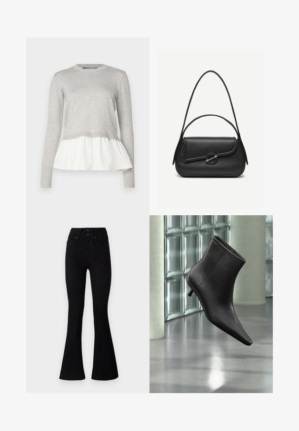 Haut à manches longues gris avec un haut en tricot texturé et un bas en peplum blanc superposé et doux. Encolure et poignets côtelés.; Pepe Jeans FLARE CONTOUR - Jean flare - black denim; Bottine en cuir noir avec bout pointu et petit talon, présentée devant un mur en blocs de verre et un sol poli.; Sac à main en cuir noir avec bords arrondis, rabat asymétrique, fermoir circulaire en métal, et des bandoulières courtes et longues.