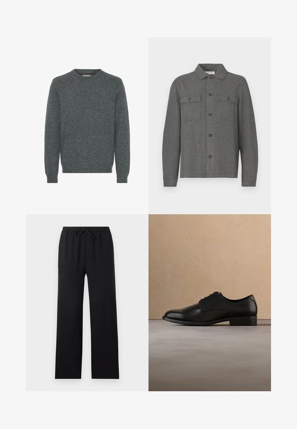 Pull gris à encolure ras du cou en tissu tricoté texturé. Il présente des manches longues et des poignets et un bas côtelés. Aucun motif ni accent distinct.; Veste à carreaux gris avec col, fermeture à boutons sur le devant et deux poches poitrine. Fabriquée en tissu texturé, avec des manches longues et une coupe droite.; Pantalon noir ample avec taille élastique et cordon de serrage à l'avant, jambes droites, design sobre, présenté sur un fond neutre.; Chaussure habillée en cuir noir lévitant au-dessus d'un tapis beige tissé, avec une table basse ronde en bois et des livres empilés en arrière-plan flou.