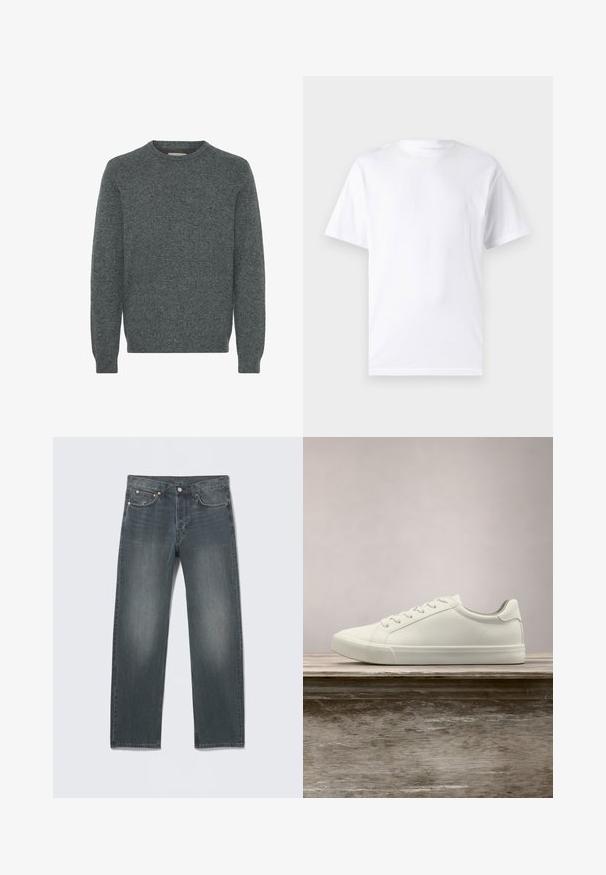 Sivý sveter s crew-neck výstrihom vyrobený z textúrovanej pleteniny. Má dlhé rukávy a rebrované manžety a lem. Bez vzorov alebo výrazných akcentov.; Biela krátka rukávová tričko vyrobené z bavlny s okrúhlym výstrihom, s hladkou textúrou a jednoduchým dizajnom bez vzorov alebo akcentov.; Tmavomodré sivé denimové rifle s rovnými nohavicami, prednými vreckami, pútkami na opasok, zapínaním na gombík a jemnými bledými detailmi.; Biele šnurovacie tenisky sa vznášajú nad drevenou lavicou so zeleným porastom v pozadí, predvádzajúc design a textúru topánok.