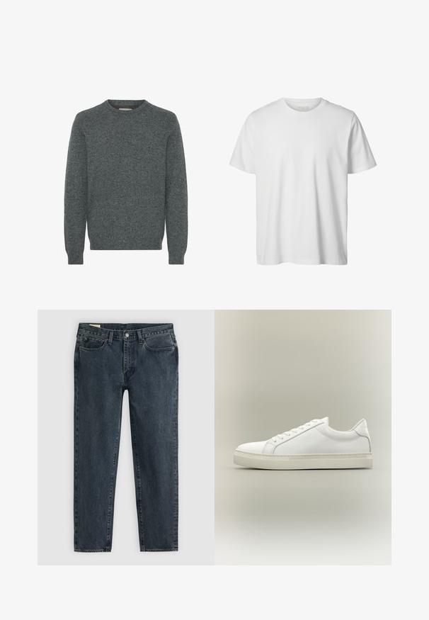 Grå crew-neck sweater lavet af struktureret strikket stof. Har lange ærmer samt ribber i ærmekanterne og forneden. Ingen mønstre eller fremtrædende detaljer.; Enkelt hvid T-shirt med korte ærmer og rund hals, løs pasform og uden synlige logoer eller designs foran.; Mørkeblå denimjeans med lige ben, fem lommer og knaplukning. Subtil blegetekst giver stoffet struktur.; Hvid lavtop sneaker med snørebånd foran og tyk sål, vist fra siden mod en neutral baggrund.
