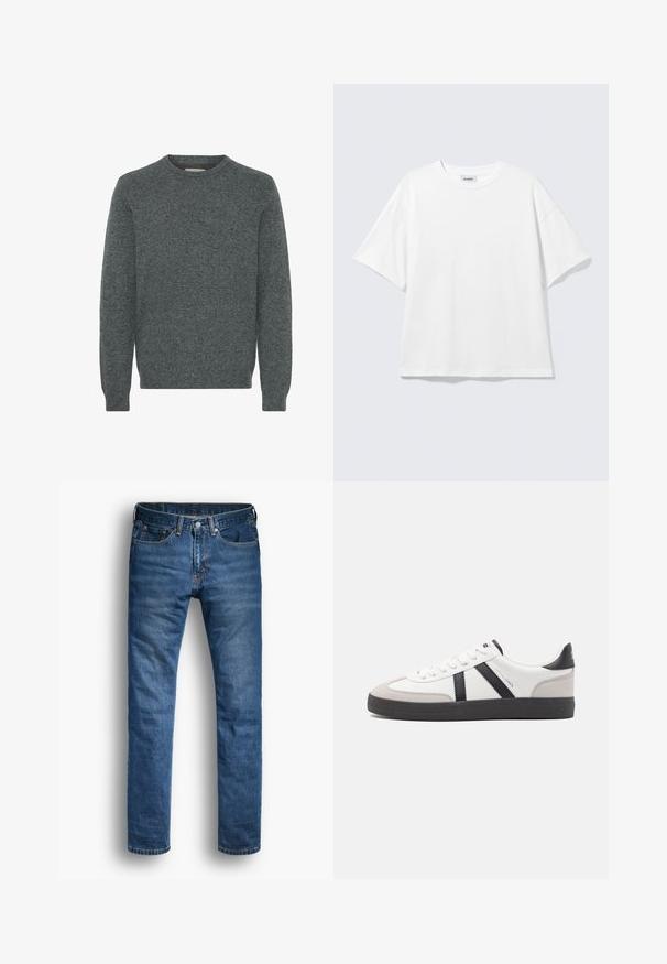 Grå crew-neck sweater lavet af struktureret strikket stof. Har lange ærmer samt ribber i ærmekanterne og forneden. Ingen mønstre eller fremtrædende detaljer.; Hvid oversized t-shirt med korte ærmer og rund halsudskæring med sænkede skuldre, fladt lagt på lys grå baggrund.; Blå jeans i denim med lige ben. Egenskaberne inkluderer fem lommer, lukning med knap og kontrasterende orange syninger på sømmene.; Hvide sneakers med sorte og grå detaljer, med en tekstureret grå tåhætte, sort gummisål og flade hvide snørebånd. Rent design, minimalistisk stil.