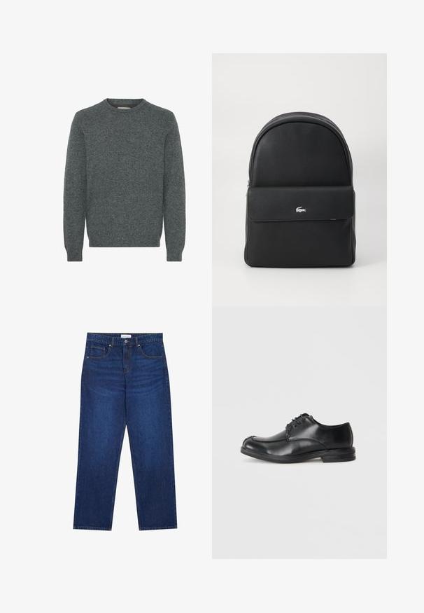 Grå crew-neck sweater lavet af struktureret strikket stof. Har lange ærmer samt ribber i ærmekanterne og forneden. Ingen mønstre eller fremtrædende detaljer.; Mørkeblå denimjeans med lige ben-design, der har en knap- og lynlåslukning, fem lommer og synlige syninger.; Sorte læder snøre-sko med rund tå, glat tekstur og lav hæl. Har syninger langs overdelen og siderne.; Sort læderrygsæk med en afrundet form. Har en frontlomme med klap og en sølvfarvet logo-detalje. Glat tekstur med lynlås-lukning.