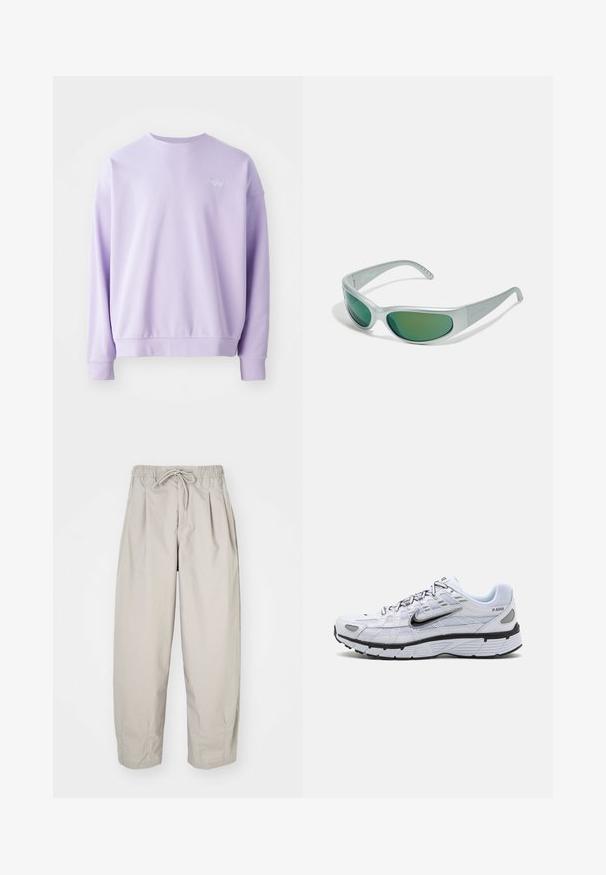 Heled lavendlitooni crewneck-sweater, valmistatud pehmest materjalist. Omab soonikuid varrukatel ja äärel, samuti väikest tikandiga Nike logo ees.; Beeži, kerged püksid elastse vöökoha ja nööriga. Omavad voldikuid ja laia istuvust, valmistatud pehmest, siledast kangast.; Valge jooksutoss, millel on võrkmaterjalist pealis, ümar varvas, mustad aksessuaarid ja mustriline tall. Omab paeltega kinnitamist ja brändingut külgedel.; Arnette CATFISH - Päikeseprillid - metallic silver