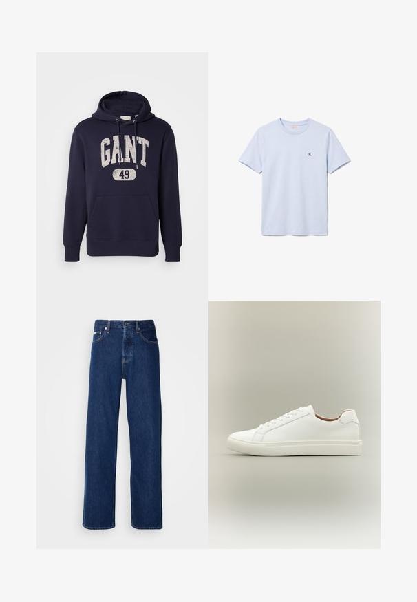 Sudadera con capucha azul marino hecha de una mezcla de algodón. Presenta un bolsillo frontal tipo canguro, un estampado texturizado en blanco "GANT 49" y capucha con cordón.; Camiseta lisa de color azul claro con manga corta y cuello redondo con pequeño logo negro "cK" en el lado izquierdo del pecho.; Vaqueros de mezclilla azul oscuro con un diseño de pierna ancha, que presentan un cierre de botón y el clásico estilo de cinco bolsillos. La tela tiene una textura suave.; Zapatilla blanca de corte bajo con cierre de cordones y suela plana, mostrada de perfil sobre un fondo neutro.