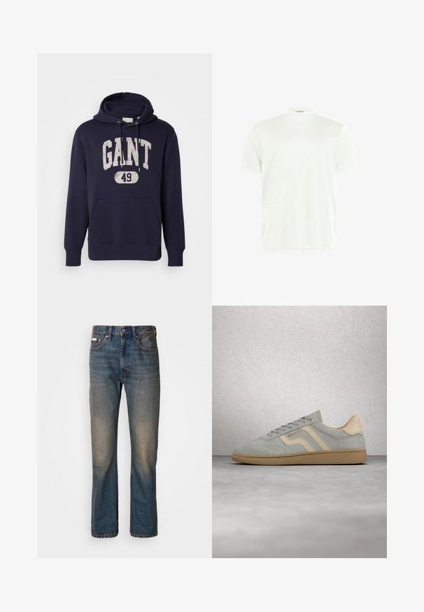 Sudadera con capucha azul marino hecha de una mezcla de algodón. Presenta un bolsillo frontal tipo canguro, un estampado texturizado en blanco "GANT 49" y capucha con cordón.; Camiseta blanca de cuello redondo hecha de tela suave. Mangas cortas, sin estampados. Diseño simple con dobladillo recto y detalles mínimos.; Vaqueros de tiro alto en denim azul, con un diseño de pierna recta, parches desgastados y descoloridos, y un estilo tradicional de cinco bolsillos.; Zapatilla de ante gris claro con detalles beige y suela de goma, flotando sobre un suelo de hormigón pulido cerca de una pared de bloques de vidrio.