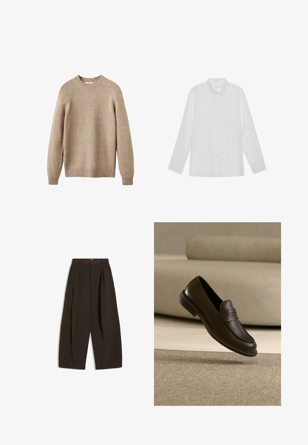 Beige strikket sweater med rund hals, ribbestrikkede manchetter og kant. Har en struktureret overflade og raglanærmer. Klassisk pasform.; Hvid langærmet skjorte lavet af glat stof, med spidse krave, frontknaplukning og enknapsmanchetter.; Bukser i mørkebrun stof med løs pasform, plisseret front, vide ben og knaplukning i taljen.; En enkelt mørkebrun læderloafer svæver over et beige, tekstureret tæppe, med en sløret beige sofa i baggrunden.