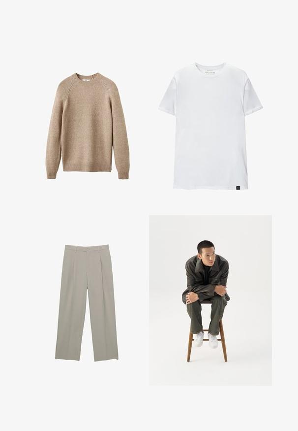 Pull en tricot beige avec un col rond, des poignets et un ourlet côtelés. Présente une finition texturée et des manches raglan. Coupe classique.; T-shirt ajusté blanc en coton. Col rond, manches courtes, texture lisse. Petite étiquette noire au bas. Design sobre.; Pantalons larges gris clair avec une texture lisse, dotés de plis à l'avant, d'une fermeture à bouton et de poches latérales.; Jeune homme en veste en cuir foncée et jean, assis sur un tabouret en bois, penché en avant, les bras croisés, regardant sur le côté sur fond blanc.