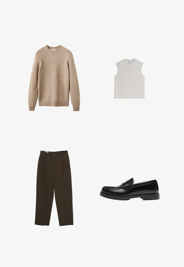Beige strikket sweater med rund hals, ribbestrikkede manchetter og kant. Har en struktureret overflade og raglanærmer. Klassisk pasform.; Ærmeløs lysegrå tanktop lavet af blød bomuld, har rund halsudskæring, løs pasform og minimalistisk design uden pynt.; Mørkebrune skræddersyede bukser med frontfolder, bæltestropper og en knaplukning i taljen.; Sort læderloafer med en kraftig gummisål og klassiske penny-strap detaljer, vist fra ydersiden.