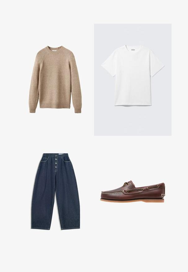 Beige strikket sweater med rund hals, ribbestrikkede manchetter og kant. Har en struktureret overflade og raglanærmer. Klassisk pasform.; Hvid kortærmet crewneck T-shirt lagt fladt ud, ensfarvet design, med "WEEKDAY" mærkat inde i kraven på en lys baggrund.; Mørkeblå denim bukser med brede ben og høj talje, fem knaplukninger og fem lommer. Har stikninger som accent på sømmene.; Brun læder bådsko med hvide sømme, snøre detaljer og lysbrun gummisål, vist fra siden på hvid baggrund.