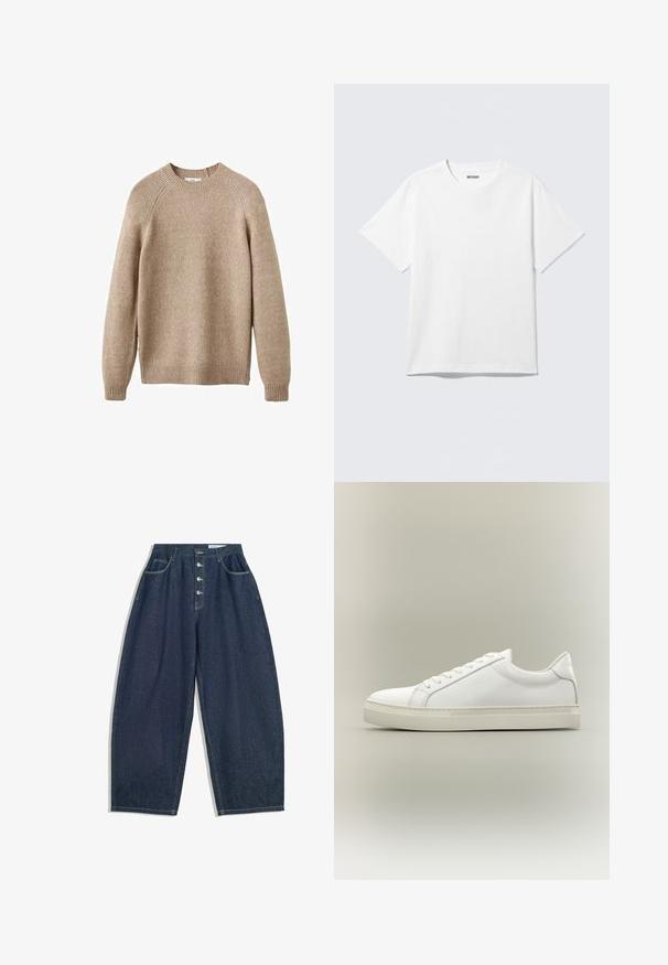 Beige strikket sweater med rund hals, ribbestrikkede manchetter og kant. Har en struktureret overflade og raglanærmer. Klassisk pasform.; Hvid kortærmet crewneck T-shirt lagt fladt ud, ensfarvet design, med "WEEKDAY" mærkat inde i kraven på en lys baggrund.; Mørkeblå denim bukser med brede ben og høj talje, fem knaplukninger og fem lommer. Har stikninger som accent på sømmene.; Hvid lavtop sneaker med snørebånd foran og tyk sål, vist fra siden mod en neutral baggrund.