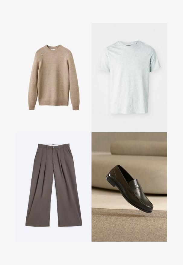 Suéter de punto beige con cuello redondo, puños y dobladillo acanalados. Presenta un acabado texturizado y mangas raglán. Ajuste clásico.; Camiseta de manga corta gris claro, confeccionada en una tela suave, con cuello redondo y un corte ligeramente relajado. Sin patrones ni gráficos visibles.; Pantalones marrones de pierna ancha con pliegues, trabillas para cinturón, cierre de botón y bolsillos laterales, colocados planos sobre un fondo blanco.; Mocasín de cuero negro con un diseño elegante y una correa decorativa, mostrado sobre una alfombra beige texturizada y un fondo neutral de sofá.