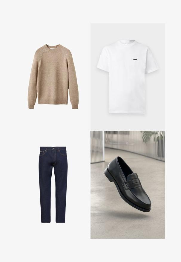 Beige strikket sweater med rund hals, ribbestrikkede manchetter og kant. Har en struktureret overflade og raglanærmer. Klassisk pasform.; Hvid kortærmet T-shirt med rund halsudskæring med lille sort "OBEY" tekstlogo på venstre bryst mod en ensfarvet baggrund.; Mørkeblå denimjeans med lige ben, foran med knapper og lynlås, fem lommer og kontrastsyninger.; Sort lædersko med glat tekstur, spids tå og en dekorativ rem over vristen. Letvægts sål, minimalistisk design.