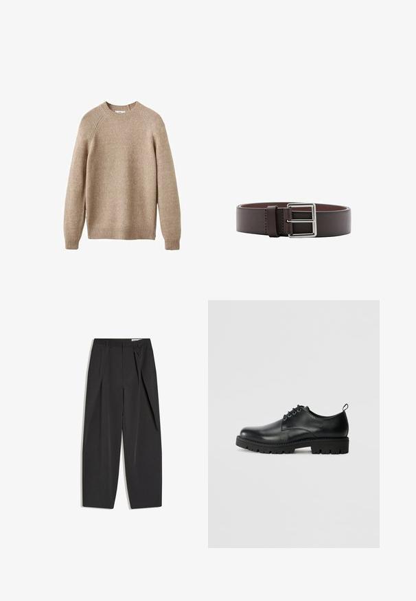 Beige strikket sweater med rund hals, ribbestrikkede manchetter og kant. Har en struktureret overflade og raglanærmer. Klassisk pasform.; Sorte sorte bukser med høj talje, skræddersyede med læg, bæltestropper og lige ben, vist fladt på en hvid baggrund.; Sort læder sko med en rund tå, der har snørelukning, solid sort gummisål og en lille hælflap bagpå.; Brunt læderbælte med en glat tekstur, der har en sølvfarvet rektangulær spænde og tonale syninger langs kanterne. Bredden er moderat.