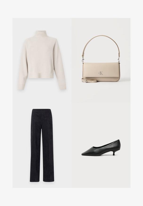 Pull à col roulé beige clair en tissu doux. Dispose d'une coupe décontractée, d'un ourlet et de poignets côtelés, et de manches longues. Design minimaliste.; Pantalon en velours côtelé gris foncé avec une coupe droite, présentant une surface texturée en côtes et une taille élastique pour plus de confort.; Escarpin femme en cuir noir à petit talon, bout pointu et petit talon kitten sur fond clair uni.; Sac à main en cuir beige avec une poignée supérieure et une bandoulière détachable, arborant un logo "cK" argenté sur le rabat avant.
