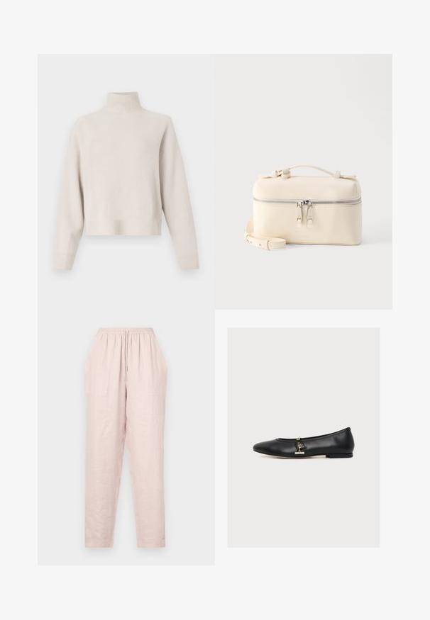 Suéter de cuello alto color beige claro, fabricado con una tela suave. Presenta un corte relajado, dobladillos y puños acanalados, y mangas largas. Diseño minimalista.; Pantalones de lino rosa claro con cintura elástica, bolsillos laterales y un corte holgado. El dobladillo es acampanado con una textura suave.; Bailarina plana de piel negra con un pequeño detalle de hebilla dorada en el lateral, tacón bajo y punta redondeada, mostrada de perfil sobre fondo blanco.; Bolso rectangular de cuero color crema con doble cremallera plateada, asa superior y correa de hombro ajustable sobre fondo blanco liso.