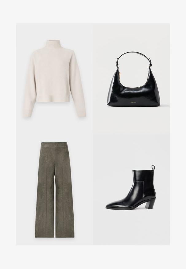Lys beige turtleneck sweater lavet af blødt stof. Har en afslappet pasform, ribbet kant og manchetter samt lange ærmer. Minimalistisk design.; Højlivede, vide bukser i en afdæmpet olivengrøn fløjlsmateriale med lodrette ribbede tekstur og en glat talje.; Sort læder ankelstøvle med spids tå, geometrisk stablet hæl og en løftestrop bagpå. Glat tekstur og slankt design.; Sort blank Calvin Klein håndtaske med gyldent lynlås og kort rem mod en ensfarvet hvid baggrund.