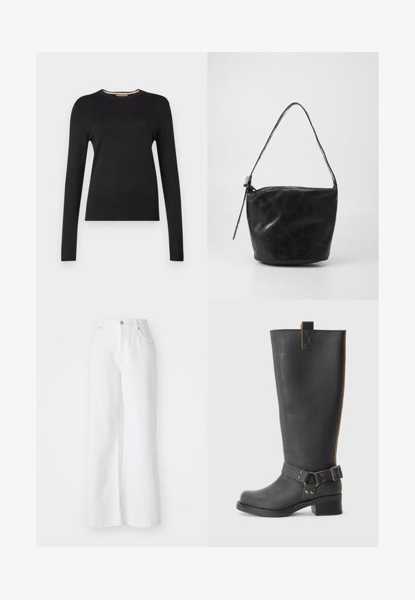 Pull noir à manches longues en matériau tricoté lisse. Présente un col et des poignets côtelés, avec une silhouette ajustée et sans motifs visibles.; Pantalons en denim blanc à jambes larges avec une taille haute, dotés de poches avant et d'une fermeture à bouton en métal argenté. La texture est lisse et de couleur unie.; Bottes noires en cuir, montantes jusqu'au genou, avec une finition texturée, présentant une boucle sur le côté et un talon bas. Couture détaillée le long des coutures.; Sac à épaule en cuir noir avec une texture lisse, une fermeture zippée et une longue anse arrondie. Le sac a une forme décontractée et sans structure.