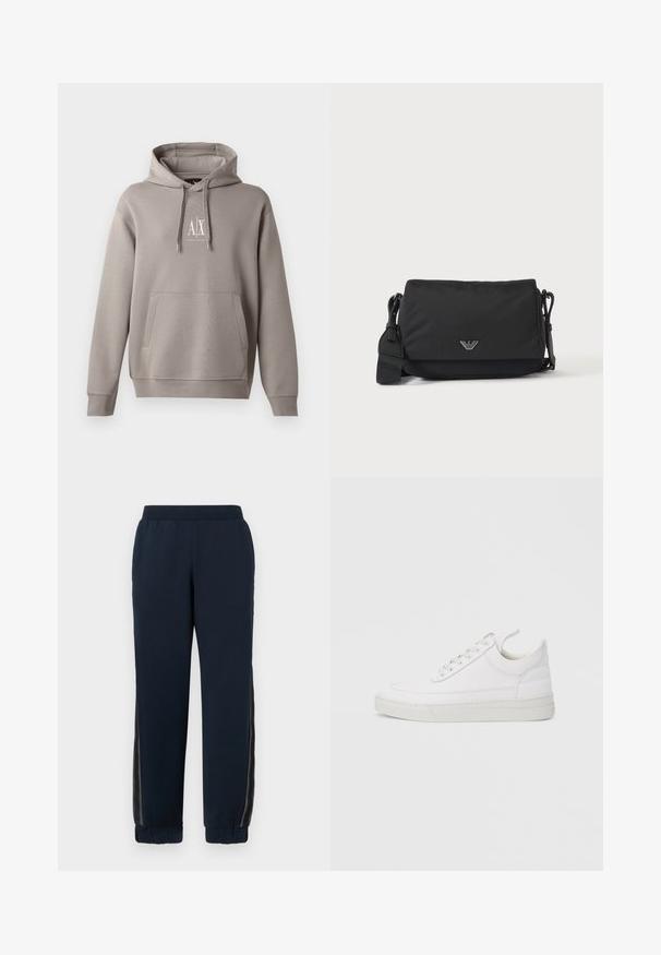 Grijze hoodie met een centrale kangoeroezak, verstelbare trekkoordkap, en een klein wit logo op de borst. Zachte stofkwaliteit.; Marineblauwe sweatpants met een zachte textuur, taps toelopende boorden en mesh zijpanelen. Elastische tailleband voor comfort en een casual pasvorm.; Witte leren sneaker met een afgeronde neus, platte zool en veters aan de voorkant. Voorzien van stikseldetails en een gevoerde kraag voor comfort.; Zwarte crossbodytas met verstelbare band en klein zilverkleurig logo-embleem op de voorflap, afgebeeld op een effen lichte achtergrond.