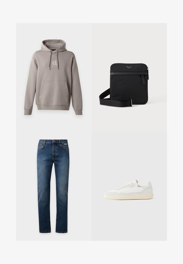 Grijze hoodie met een centrale kangoeroezak, verstelbare trekkoordkap, en een klein wit logo op de borst. Zachte stofkwaliteit.; Rechte blauwe spijkerbroek met vervaagde details, knoopsluiting aan de voorkant, ritssluiting en vijfzakkenontwerp tegen een effen lichte achtergrond.; Witte sneaker met een bovenwerk van gestructureerd suède en leer. Voorzien van een afgeronde neus, vetersluiting en een contrasterende beige rubberen zool.; Zwarte vierkante schoudertas met ritssluiting, voorvak en verstelbare band met geperste merknaam.