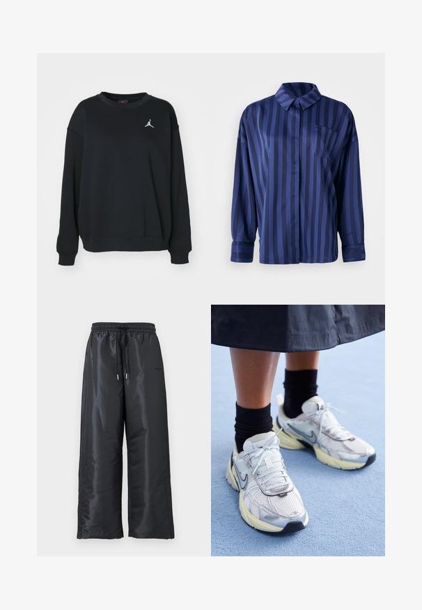 Schwarzer Pullover aus Baumwolle, mit rundem Ausschnitt, langen Ärmeln, gerippten Bündchen und Saum, versehen mit einem weißen Jumpman-Logo auf der Brust.; Navyblaue gestreifte Bluse mit Kragen, Brusttasche und langen Ärmeln. Hergestellt aus einem glatten, glänzenden Stoff mit lockerer Passform.; Schwarze, weite Hosen aus glänzendem, glattem Stoff. Mit einem elastischen Bund und einem Kordelzug sowie Seitentaschen.; Weiße und silberne Nike-Sneaker aus Mesh-Gewebe, mit reflektierenden Akzenten und einer beigen Sohle. Getragen mit schwarzen Socken und stehend auf einer blauen Fläche.
